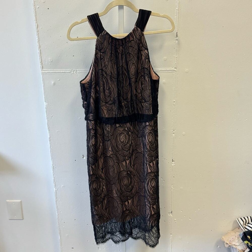 Adrianna Papell Black Rose Lace Halter Dress Nude Lining Bow Back Size 10